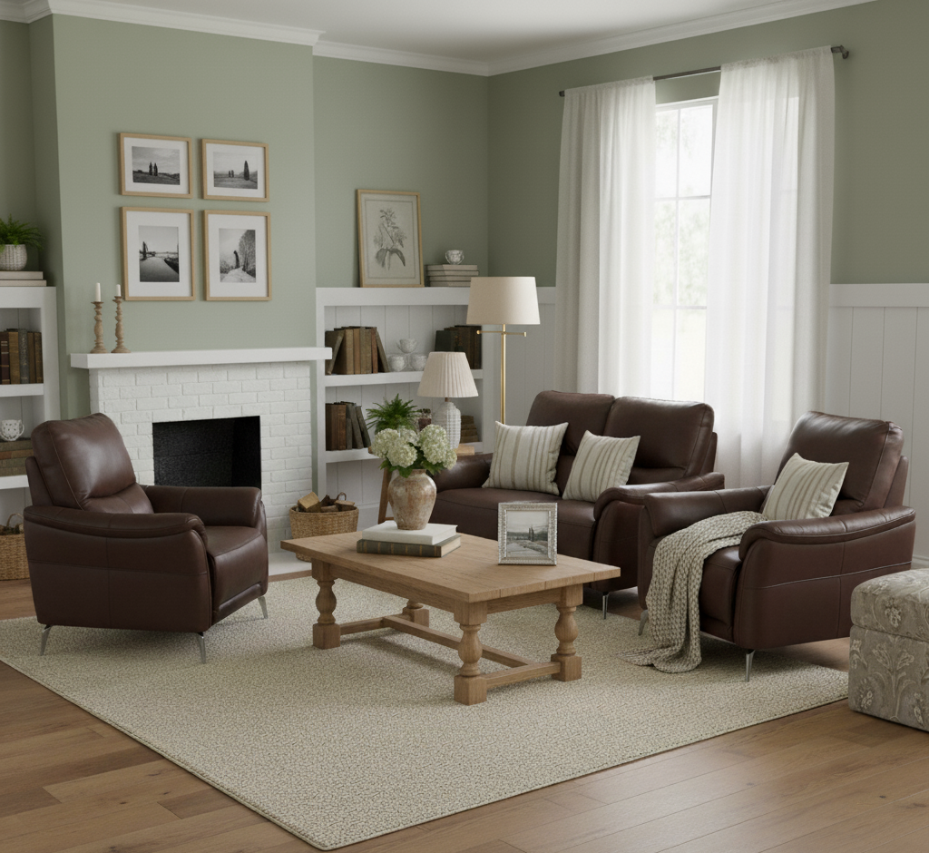 Living room with brown leather furniture, wooden coffee table, and decorative elements.