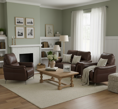 Living room with brown leather furniture, wooden coffee table, and decorative elements.