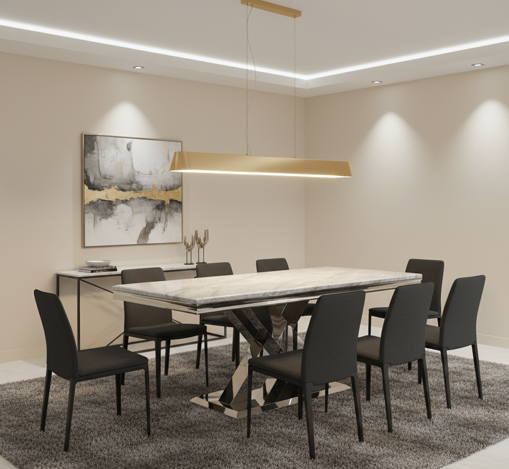 Modern dining room with marble table and black chairs, featuring a stylish light fixture.