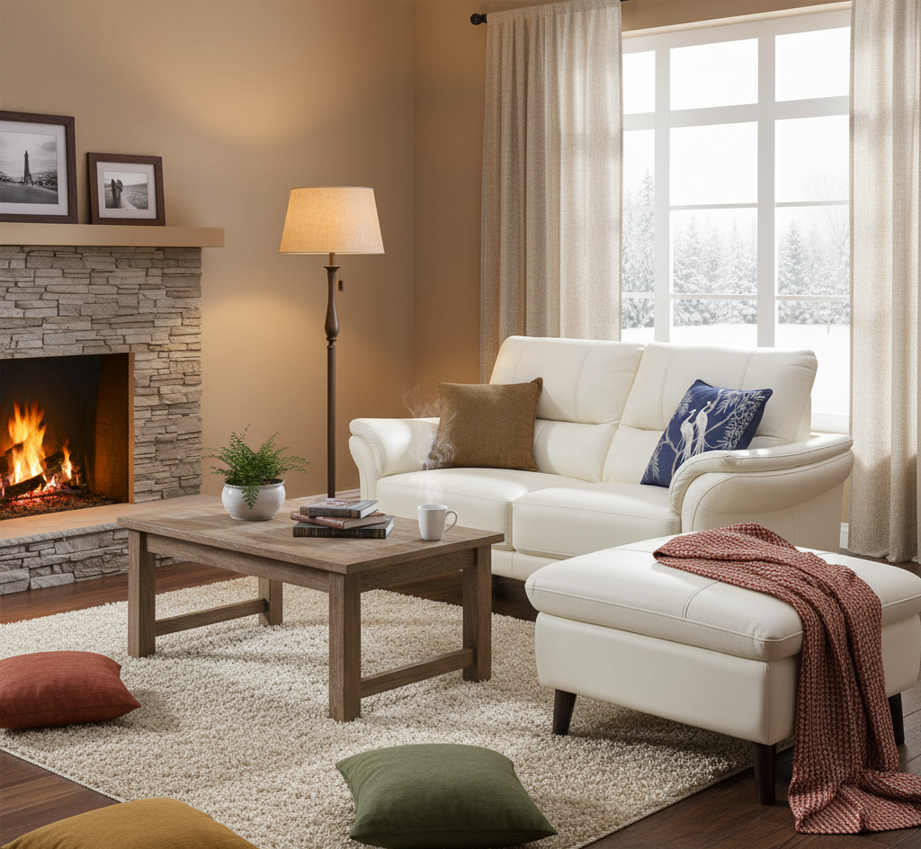 Cozy living room with a fireplace, white sofa, and wooden coffee table.