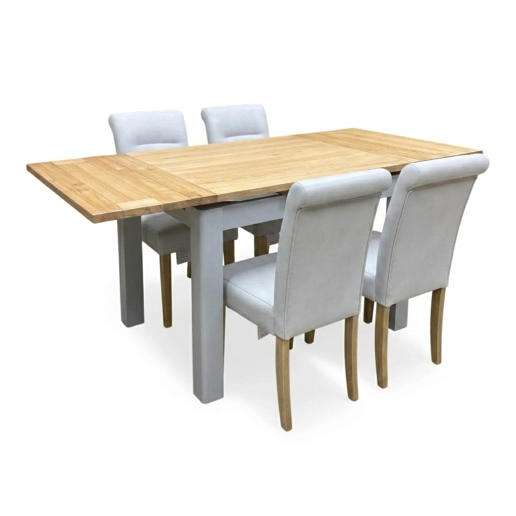‘Lewis’ Solid Oak Small Extending Dining Table with 4 Light Grey Faux Leather Chairs Set