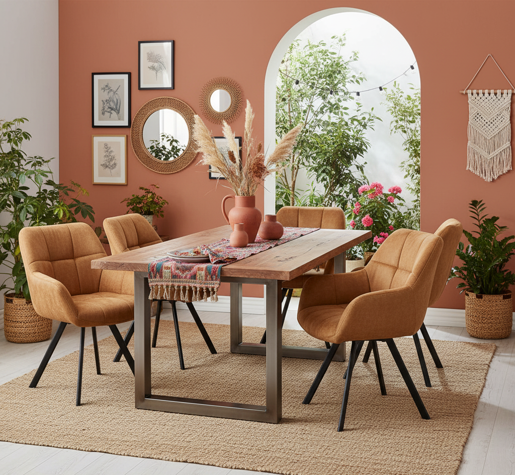Dining room with wooden table and brown chairs against a pink wall.