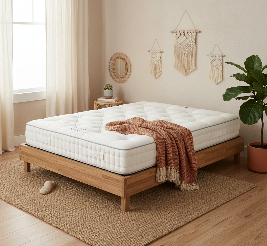 White mattress on a wooden bed frame in a room with a plant and wall decorations.