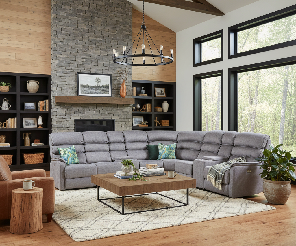 Living room with a gray sectional sofa, wooden coffee table, and bookshelves.