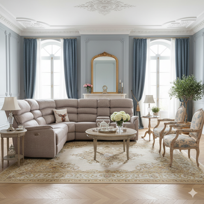 Luxurious living room with beige sectional sofa, ornate mirror, and decorative elements.