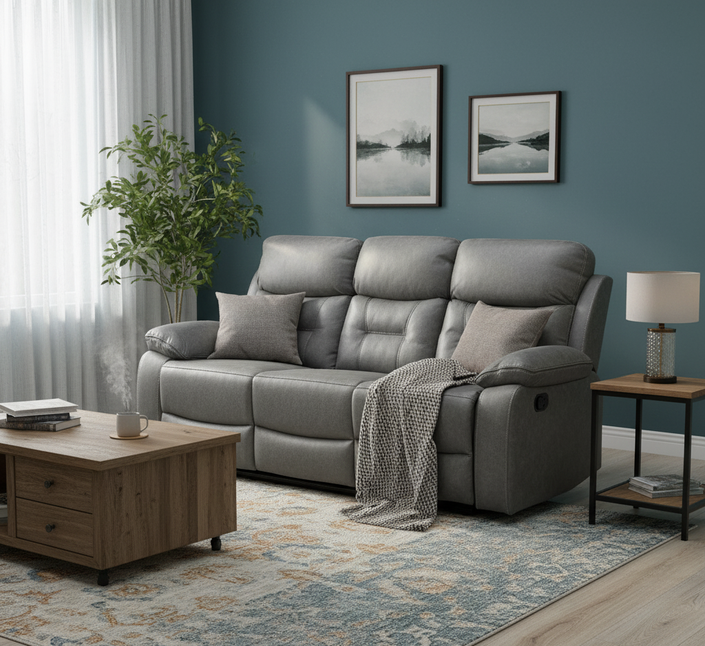 Gray sofa in a living room with a wooden coffee table, side table, and decorative elements.