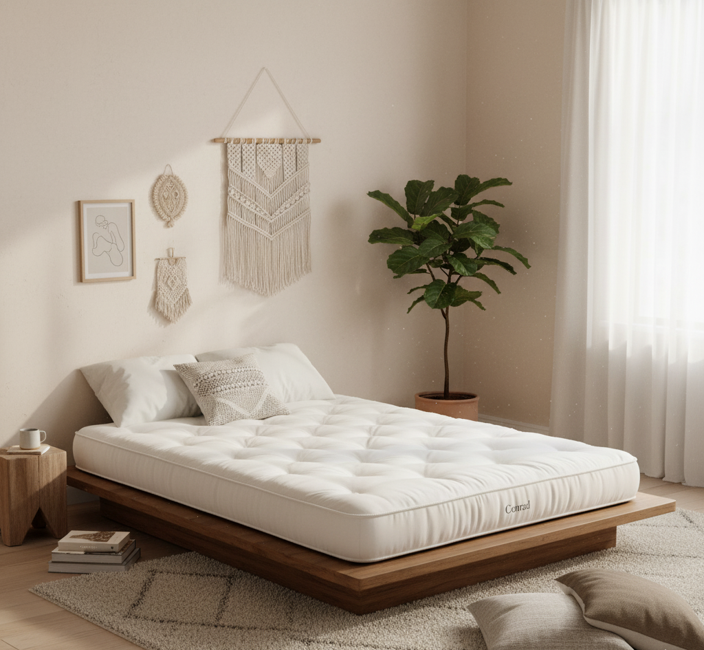 White mattress on a wooden bed frame in a bedroom with decor elements.