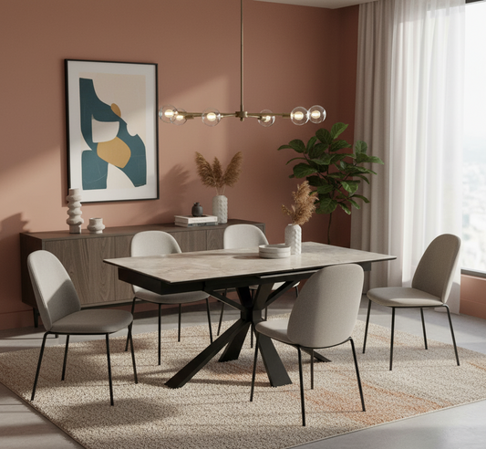 Modern dining room with a table and chairs in a stylishly decorated room.