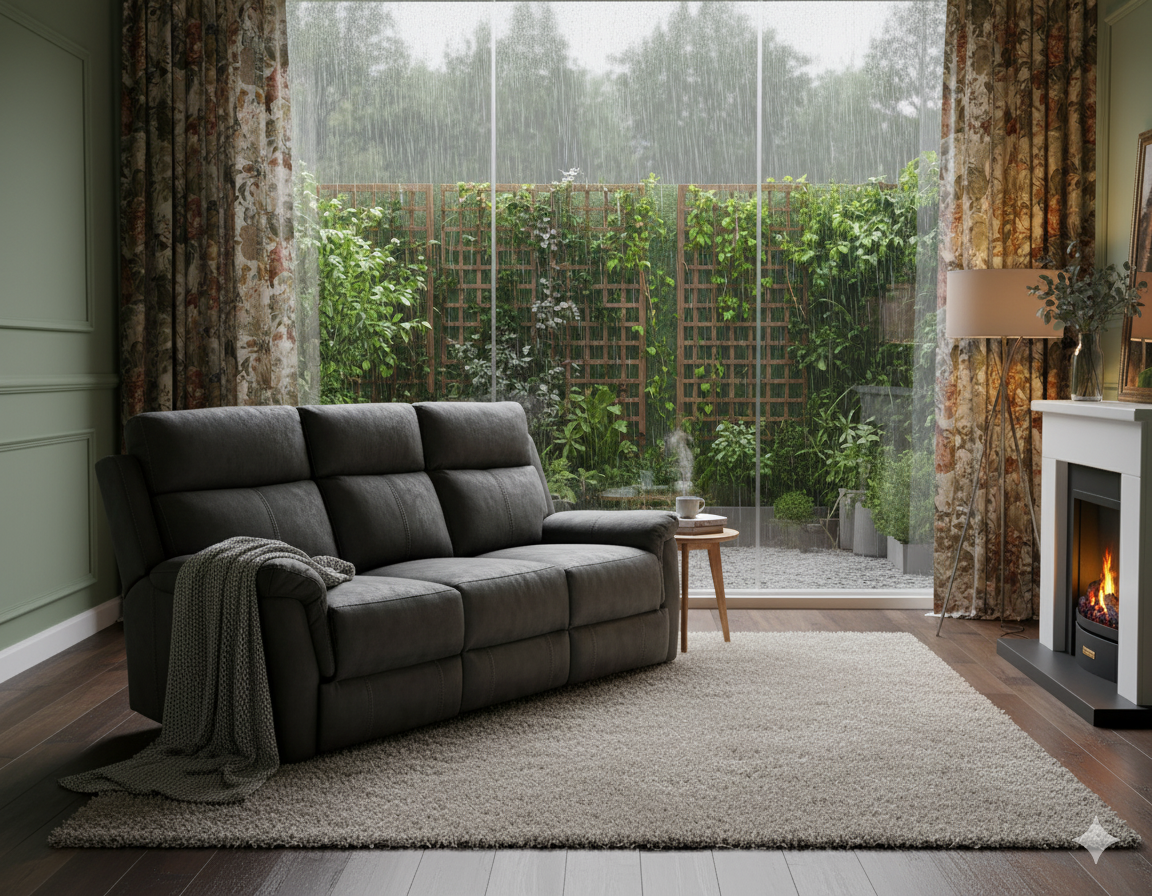 Gray sofa in a living room with a fireplace and garden view