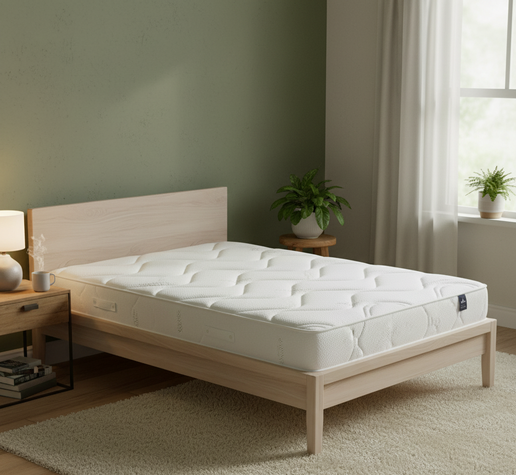 White mattress on a wooden bed frame in a room with a lamp, books, and plants.