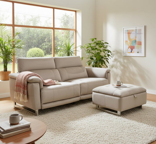 Beige sectional sofa in a living room with a coffee table and ottoman.