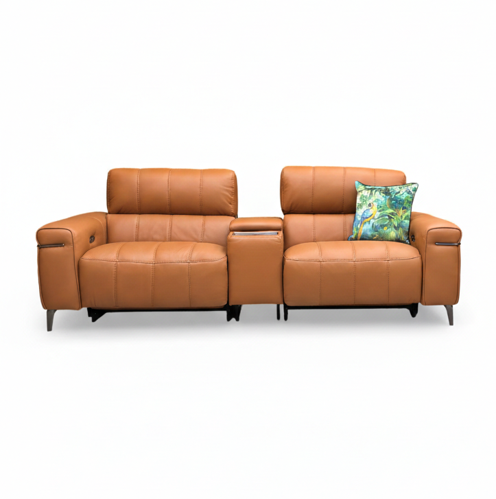 World of Leather ‘Homestage’ Nc-334e Pecan Brown Leather 3 Seater Power Recliner Sofa With Media Console And Power Headrests