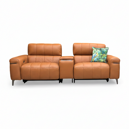 World of Leather ‘Homestage’ Nc-334e Pecan Brown Leather 3 Seater Power Recliner Sofa With Media Console And Power Headrests