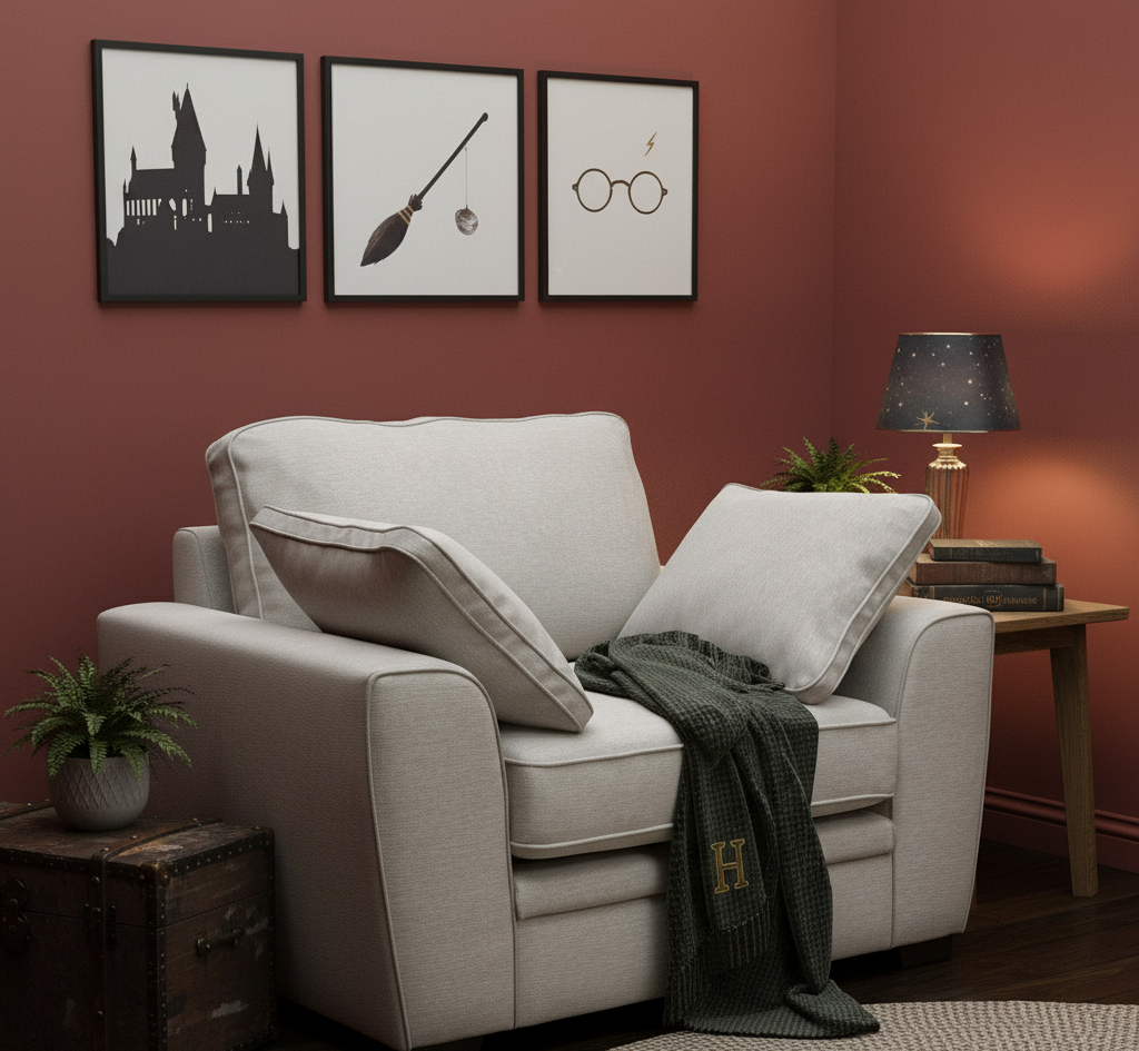 Cozy living room with a beige sofa, side table, and decorative items.