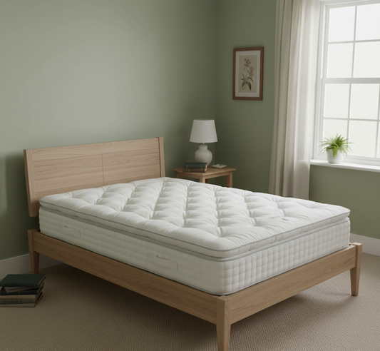 White mattress on a wooden bed frame in a bedroom setting.