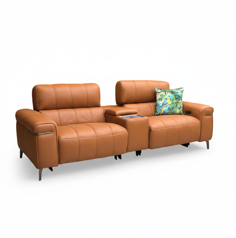 World of Leather ‘Homestage’ Nc-334e Pecan Brown Leather 3 Seater Power Recliner Sofa With Media Console And Power Headrests