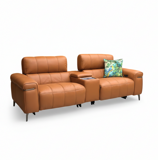 World of Leather ‘Homestage’ Nc-334e Pecan Brown Leather 3 Seater Power Recliner Sofa With Media Console And Power Headrests