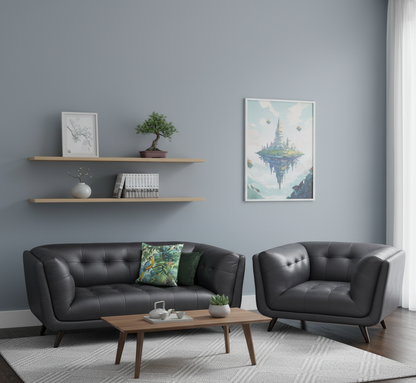 Modern living room with gray sofa, armchair, and wooden coffee table.
