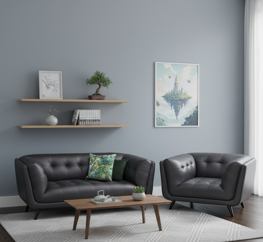 Modern living room with gray sofa, armchair, and wooden coffee table.