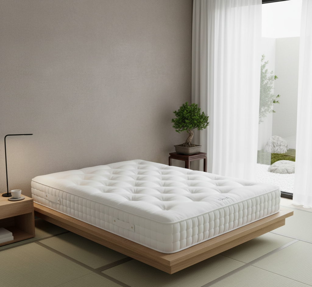White mattress on a wooden bed frame in a modern bedroom with large windows.