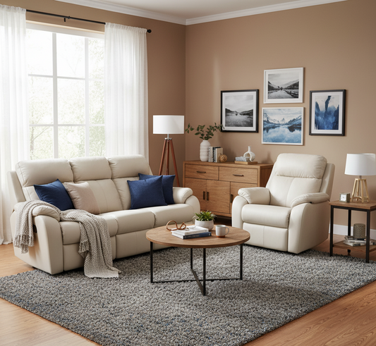 Living room with beige sofa, armchair, and coffee table with decorative items.