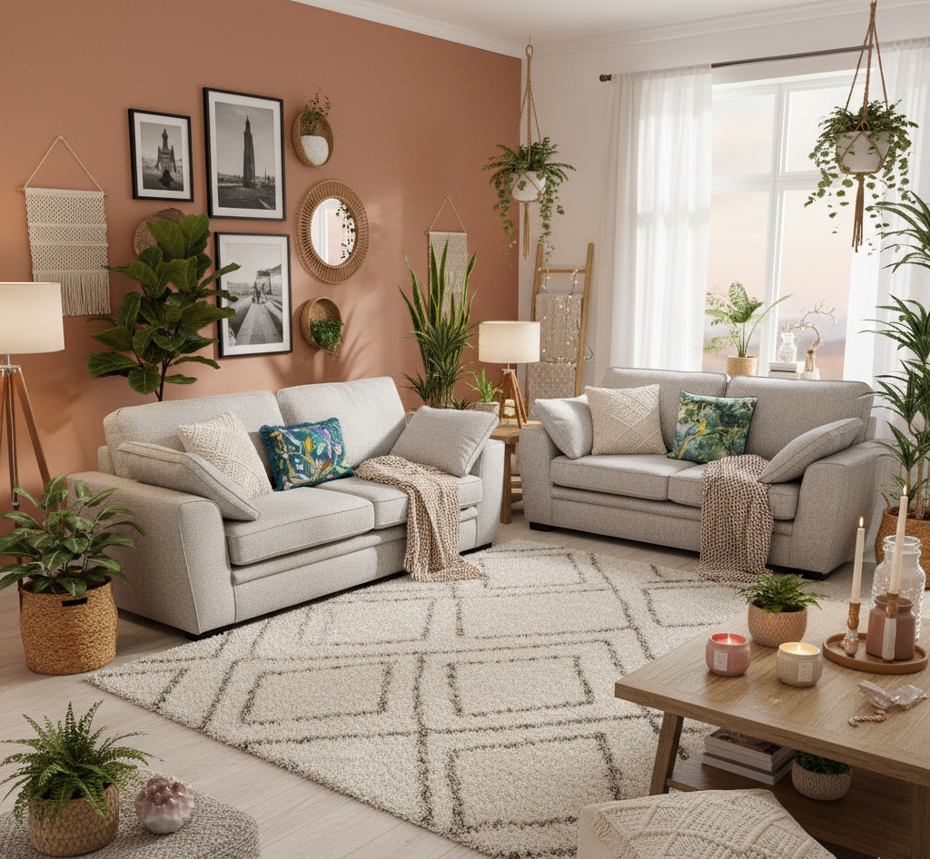 Living room with beige sofas, decorative plants, and a coffee table.