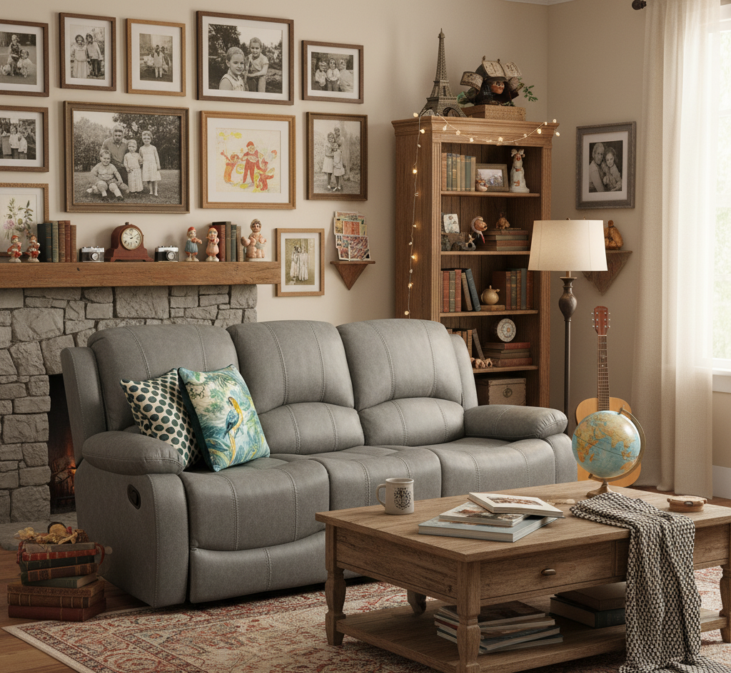 Living room with gray sofa, wooden coffee table, and bookshelf.