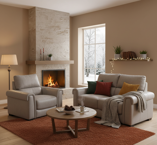 Cozy living room with fireplace, sofa, and armchair.