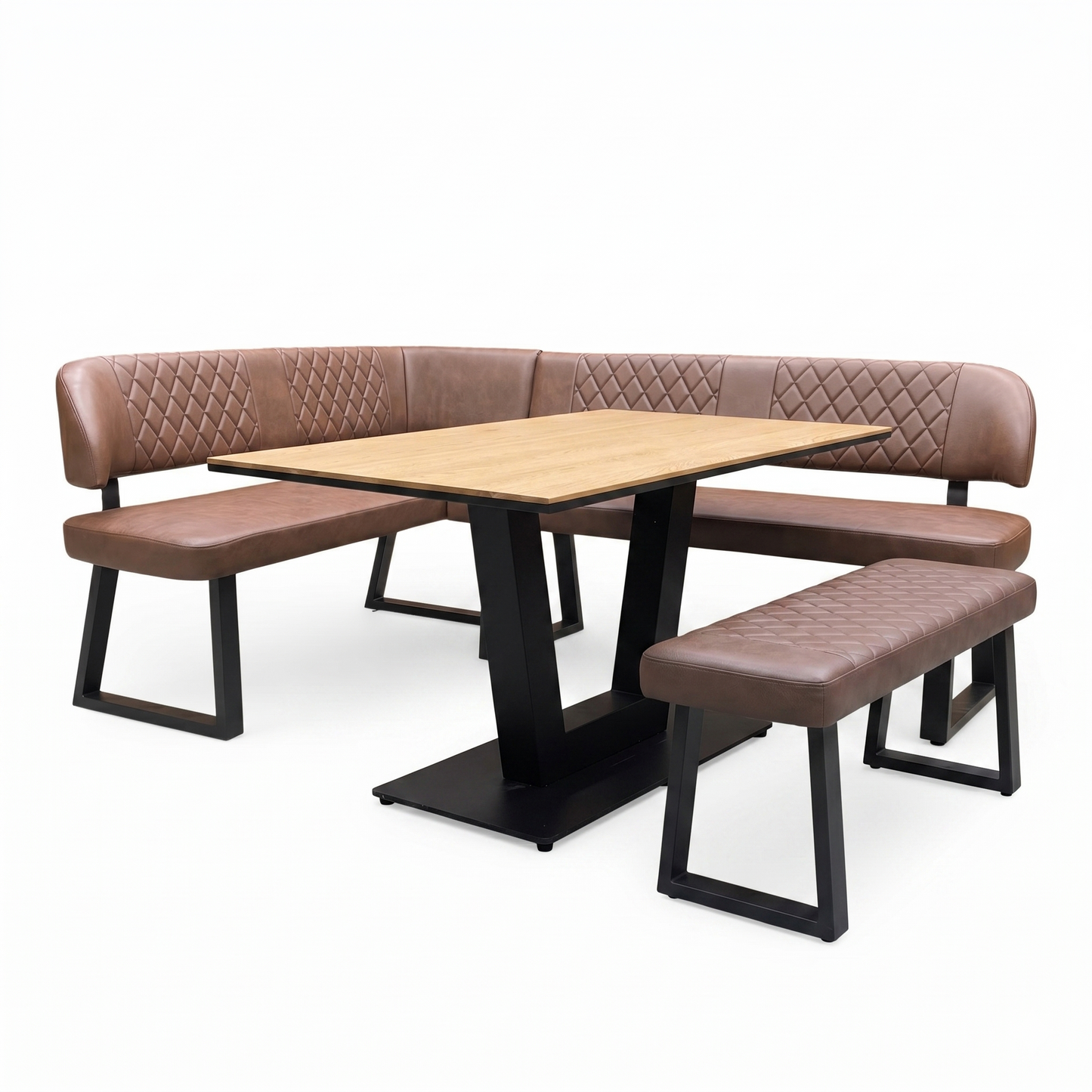 Venus Dining Set - Earth Finish Table, Tan Brown Faux Leather Left Hand Facing Corner Bench & Low Dining Bench