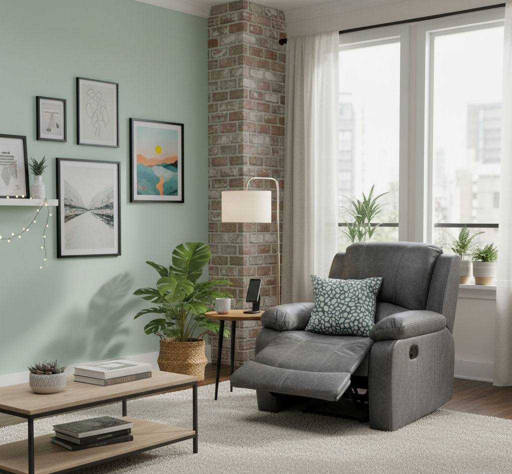 Living room with a gray recliner chair, coffee table, and decorative elements.