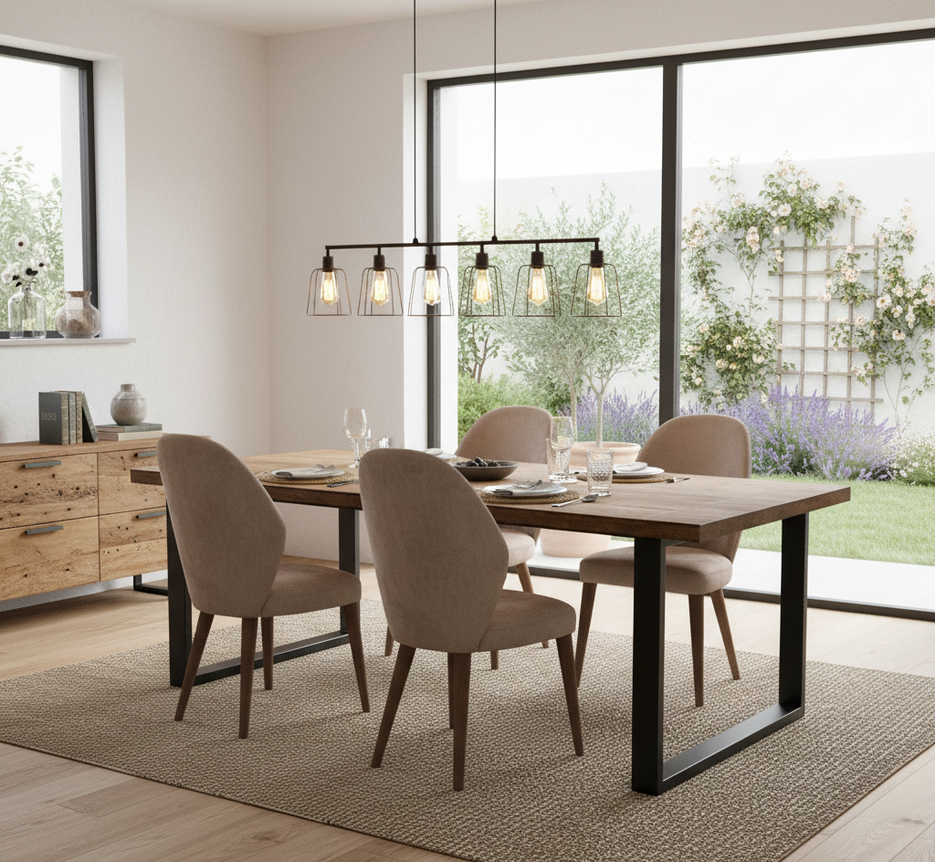 A set of four Stone International 'Empire' satin taupe fabric dining chairs around a table in a dining room, with a small garden visible through the window.