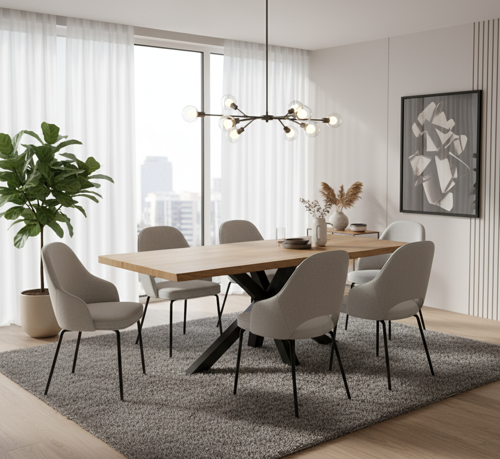 Modern dining room with a wooden table and gray chairs, featuring a large window and decorative elements.