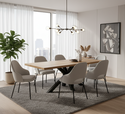 Modern dining room with a wooden table and gray chairs, featuring a large window and decorative elements.