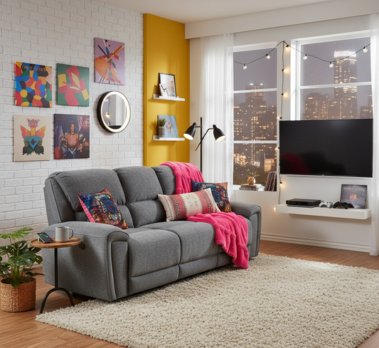 Modern living room with gray sofa, colorful pillows, and a cityscape view.