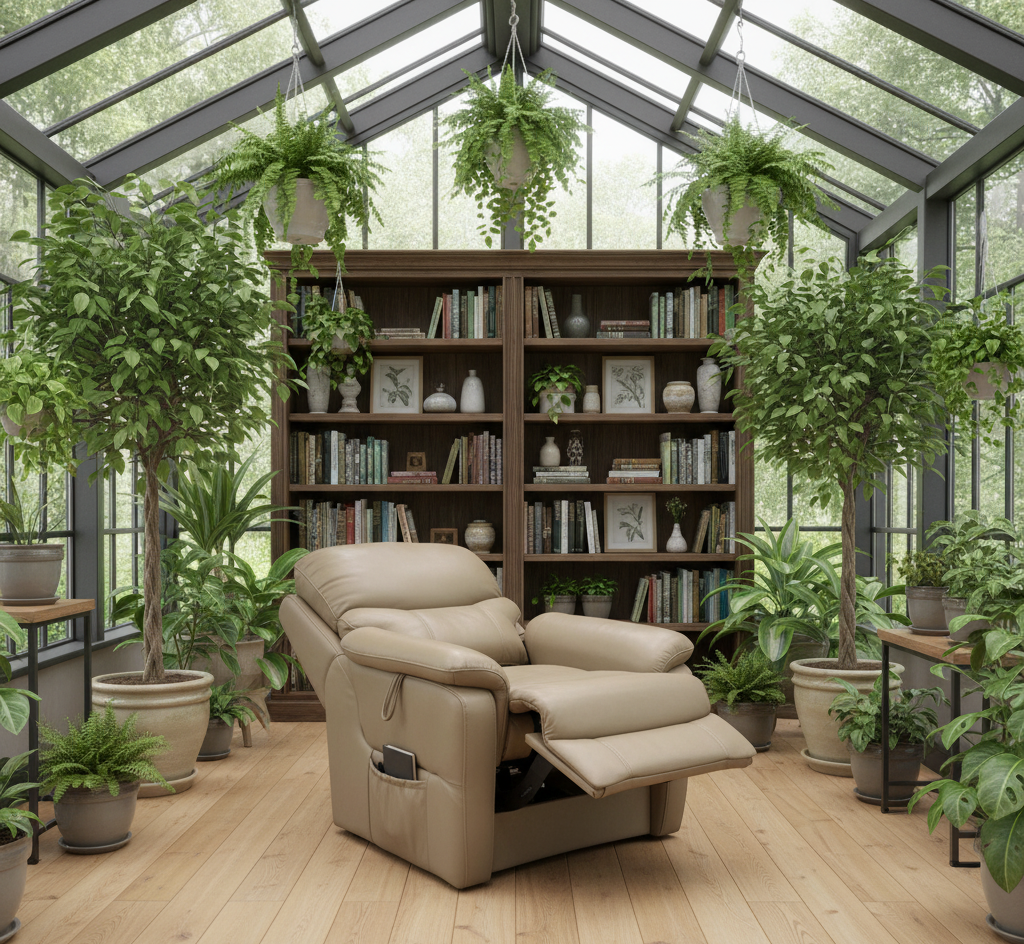 Beige recliner chair in a room with bookshelves and potted plants