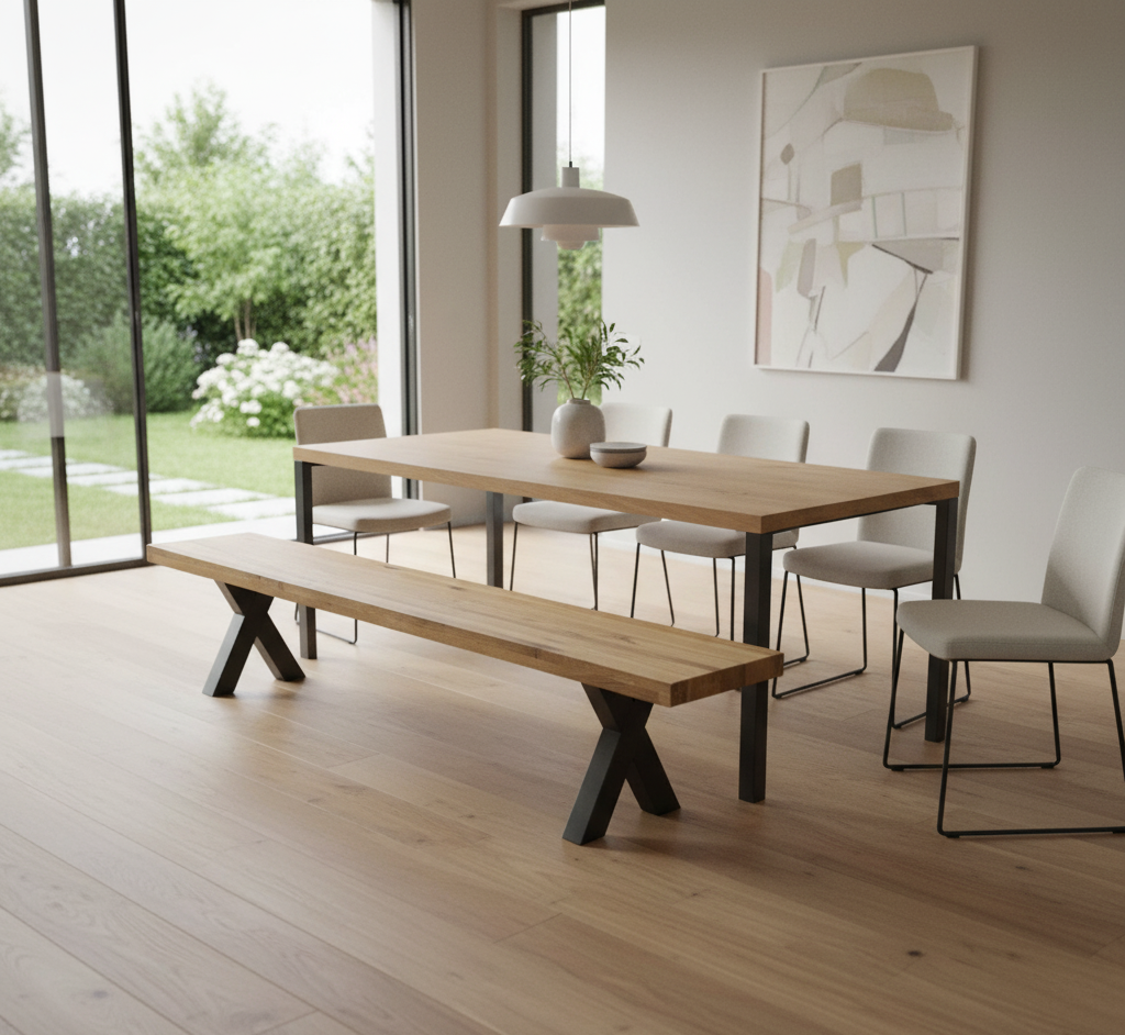 Dining area with wooden table and bench in a modern home setting