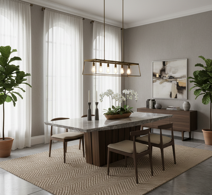 Modern dining room with marble table, chairs, and decorative elements.