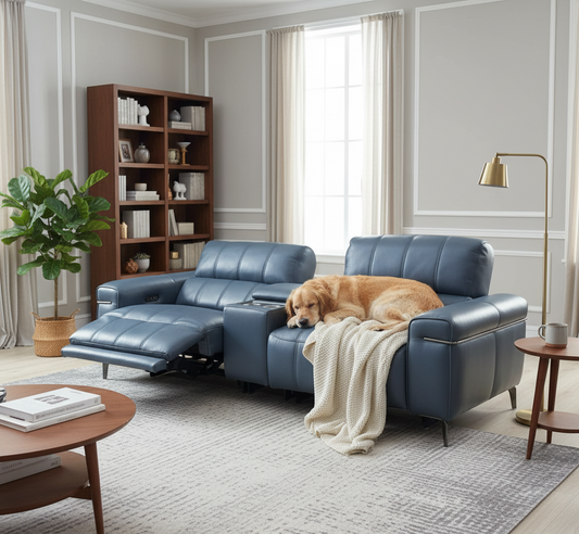 World of Leather ‘Homestage’ Nc-313e Ocean Blue Leather 3 Seater Power Recliner Media Sofa with Console and Power Headrests