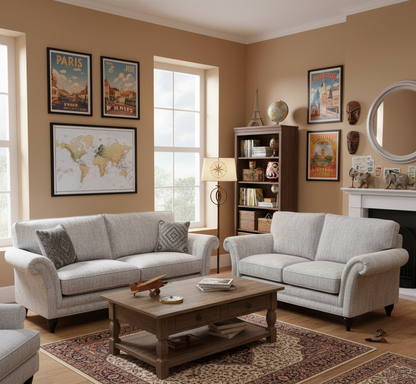 Living room with gray sofas, wooden coffee table, and decorative items on a beige wall.