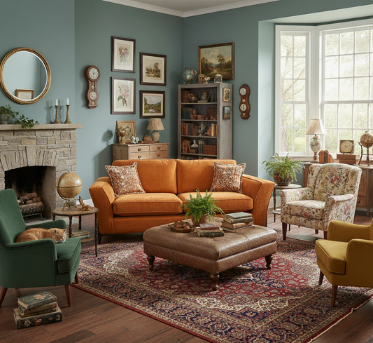 Cozy living room with orange sofa, green armchair, and floral chair.