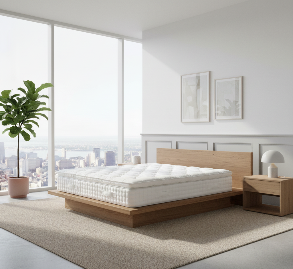Bedroom with a wooden bed frame and mattress, large windows, and cityscape view.