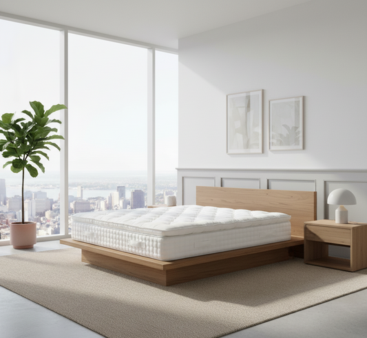 Bedroom with a wooden bed frame and mattress, large windows, and cityscape view.