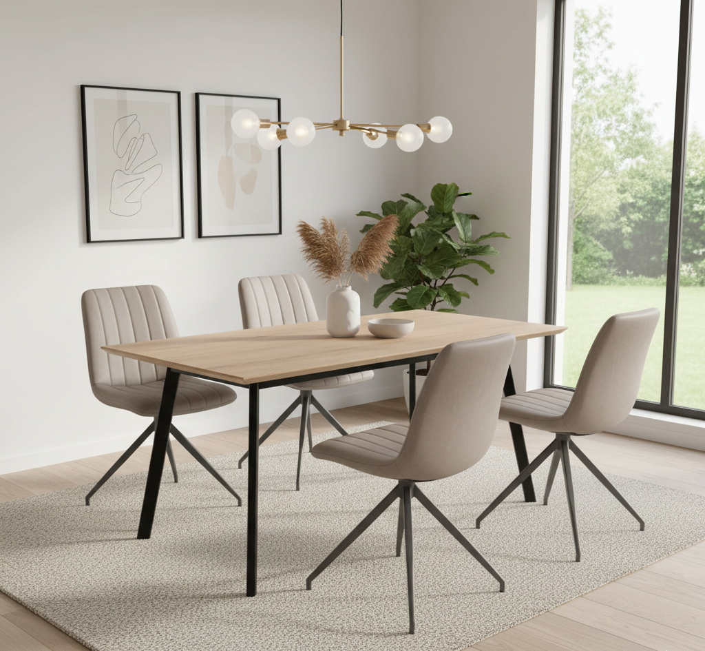 Dining room with a wooden table and chairs near a large window.