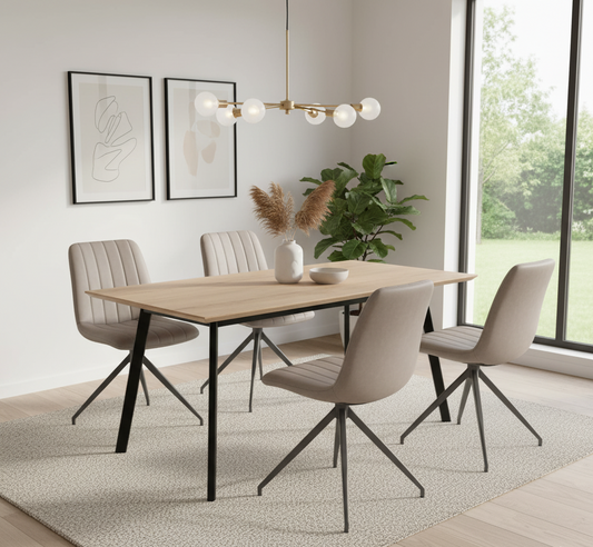 Dining room with a wooden table and chairs near a large window.
