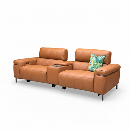 World of Leather ‘Homestage’ Nc-334e Pecan Brown Leather 3 Seater Power Recliner Sofa With Media Console And Power Headrests
