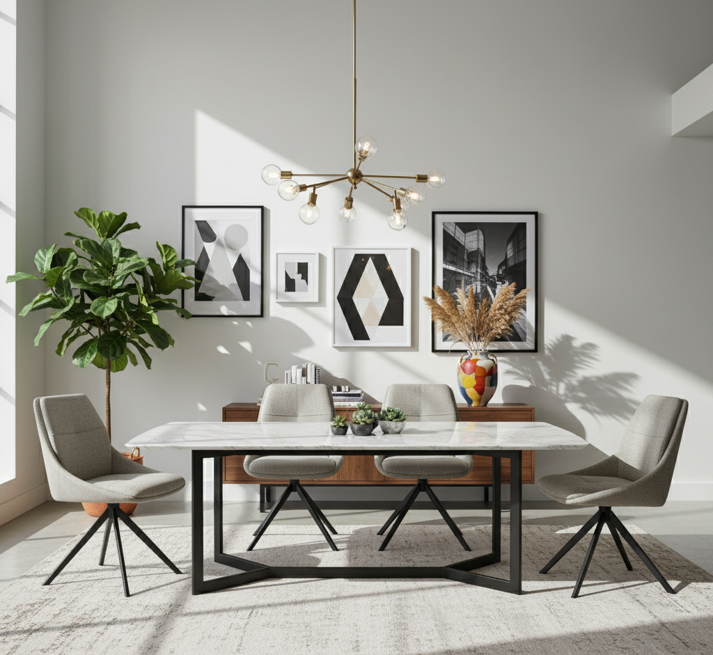 Modern dining room with a table, chairs, and decorative elements.