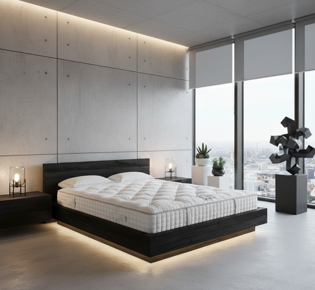 Modern bedroom with a bed, nightstands, and large windows.