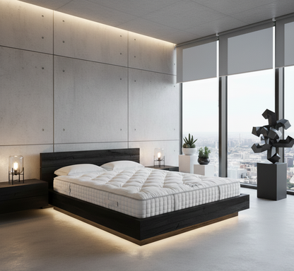 Modern bedroom with a bed, nightstands, and large windows.