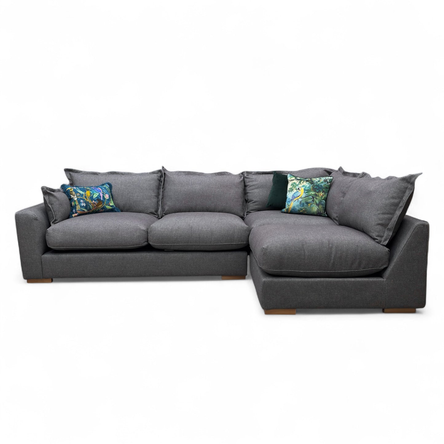 Three-quarter view of the 'Gaia' RHF Corner Sofa, highlighting the extended chaise section and deep seating cushions.