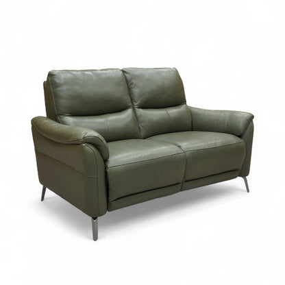 Full front view of the 'Daytona' Oslo Pine Green Leather 2 Seater Power Recliner Sofa, showcasing its modern design and rich green leather upholstery.